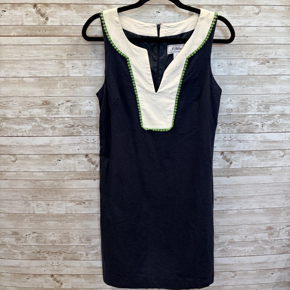 J Howard Womens 8 Shift Dress Linen Blend Navy White Green Pom Pom Trim Resort